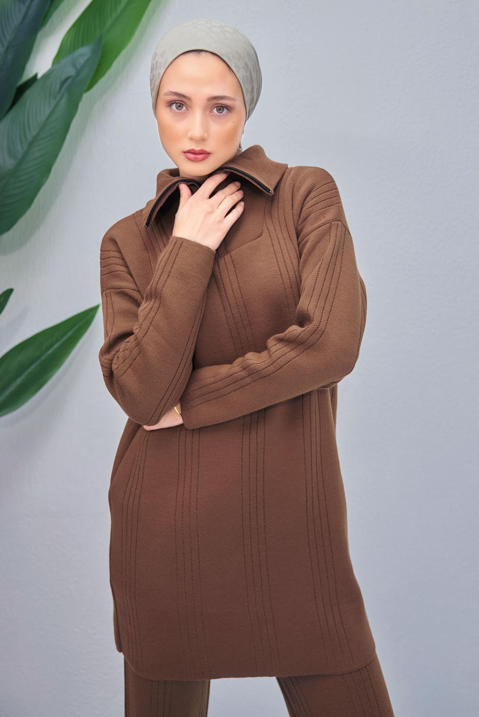 Tesettür giyim KAHVE PANTOLONLU TRİKO TAKIM T 7708