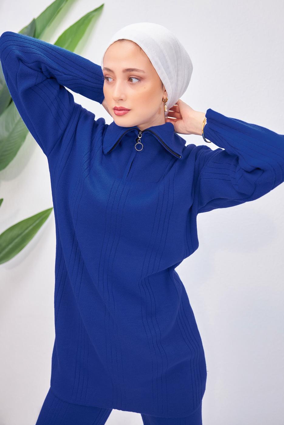 Tesettür giyim LACİVERT PANTOLONLU TRİKO TAKIM T 7708