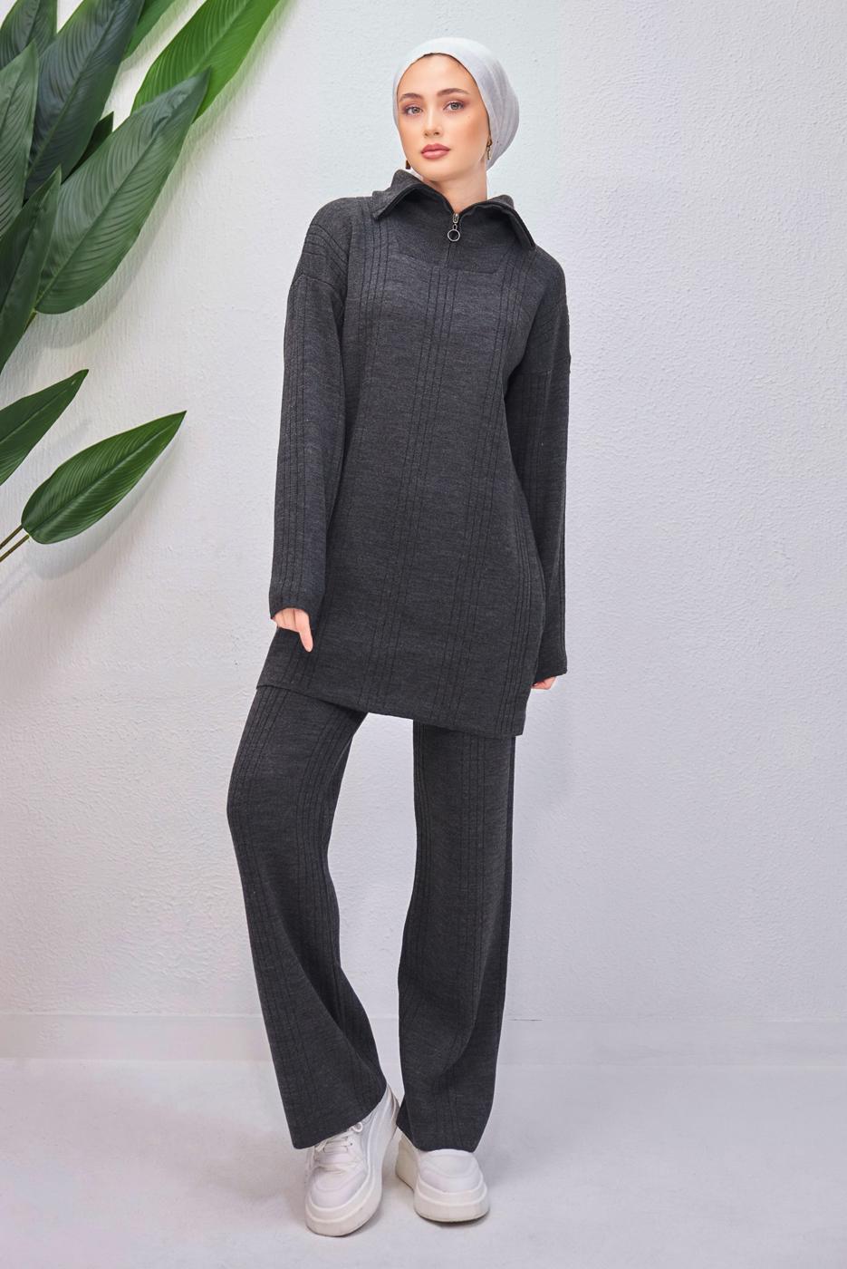 Tesettür giyim GRİ PANTOLONLU TRİKO TAKIM T 7708