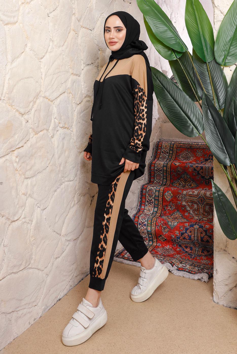 Tesettür giyim SİYAH İKİLİ PANTOLONLU TAKIM T 7943