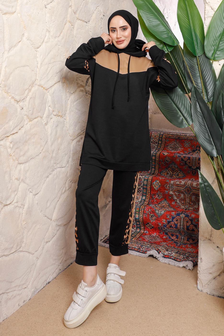 Tesettür giyim SİYAH İKİLİ PANTOLONLU TAKIM T 7943