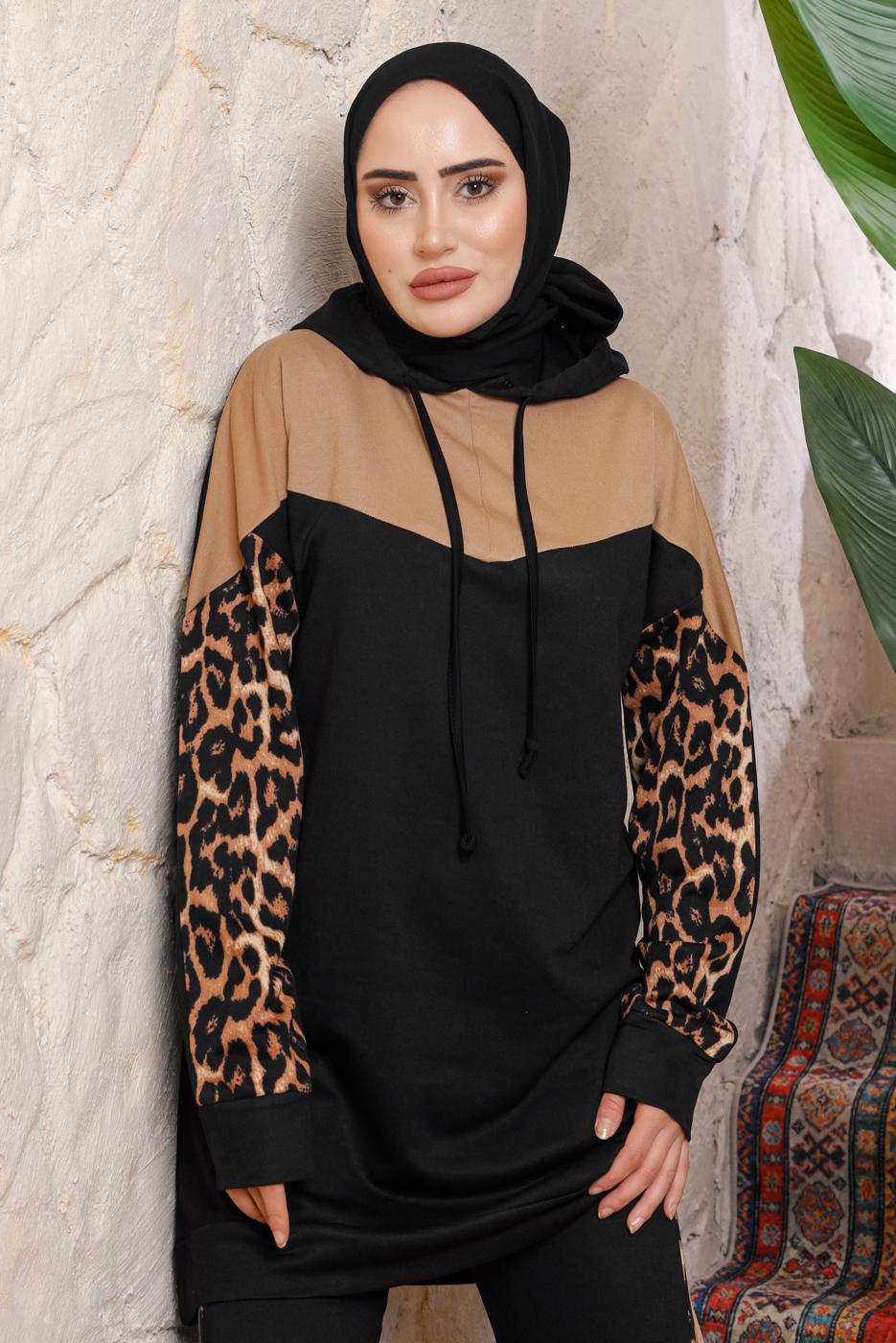 Tesettür giyim SİYAH İKİLİ PANTOLONLU TAKIM T 7943