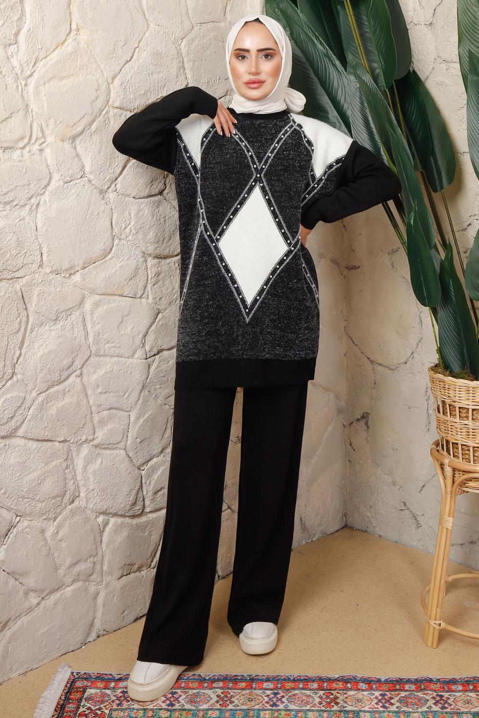 Tesettür giyim SİYAH BAKLAVA DESENLİ PANTOLONLU TRİKO TAKIM T 8008
