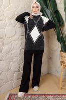 Tesettür giyim SİYAH BAKLAVA DESENLİ PANTOLONLU TRİKO TAKIM T 8008