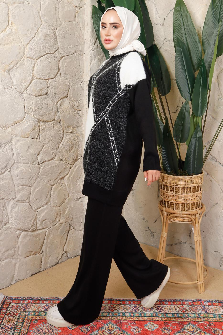 Tesettür giyim SİYAH BAKLAVA DESENLİ PANTOLONLU TRİKO TAKIM T 8008