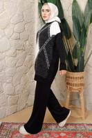 Tesettür giyim SİYAH BAKLAVA DESENLİ PANTOLONLU TRİKO TAKIM T 8008