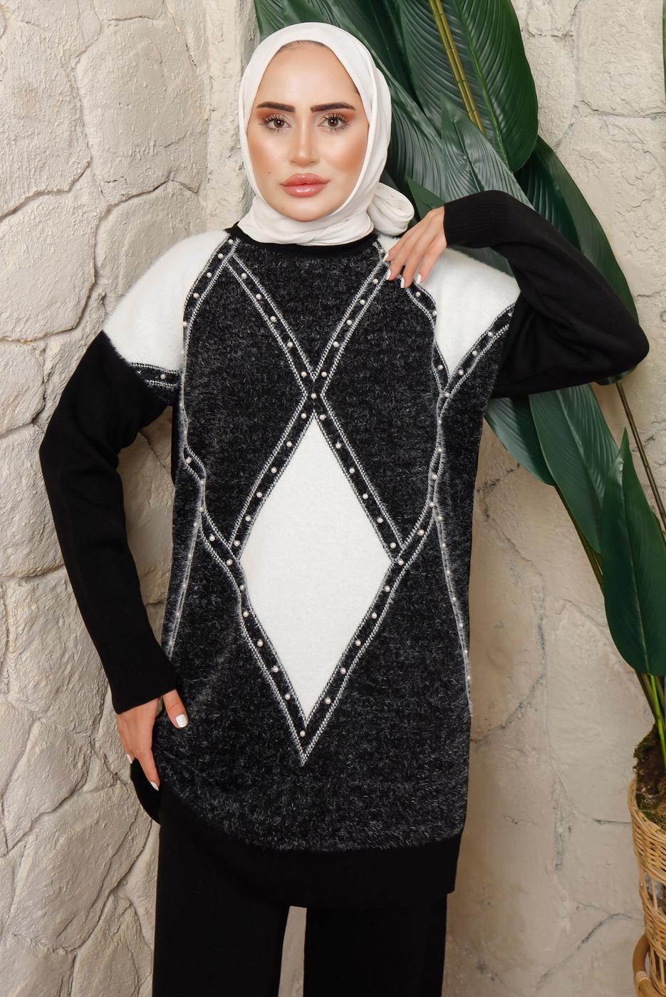 Tesettür giyim SİYAH BAKLAVA DESENLİ PANTOLONLU TRİKO TAKIM T 8008