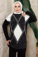 Tesettür giyim SİYAH BAKLAVA DESENLİ PANTOLONLU TRİKO TAKIM T 8008