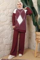 Hijab clothing CLARET RED RHOMBUS KNITWEAR PANTS SUIT T 8008