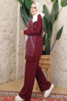 Hijab clothing CLARET RED RHOMBUS KNITWEAR PANTS SUIT T 8008