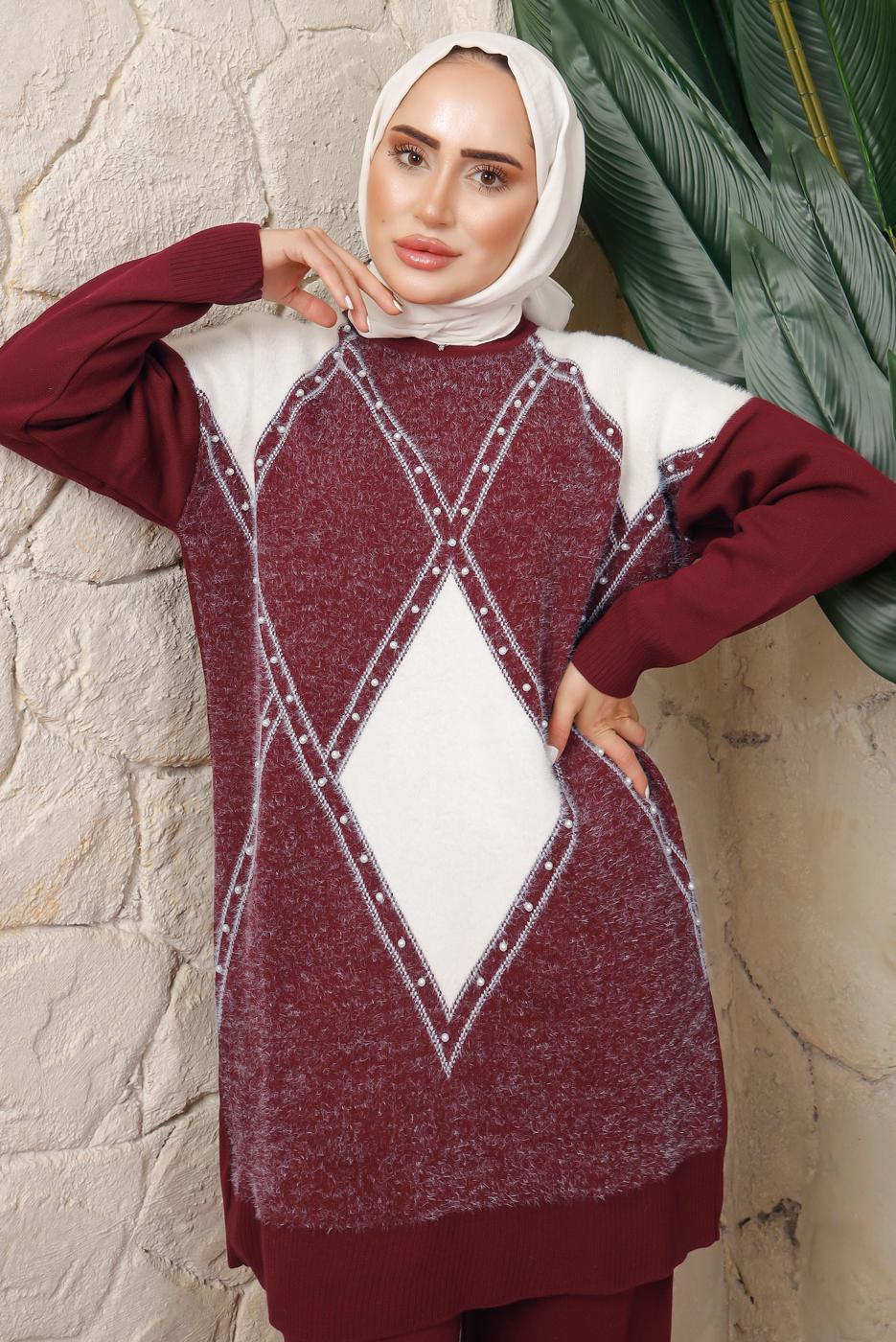 Hijab clothing CLARET RED RHOMBUS KNITWEAR PANTS SUIT T 8008