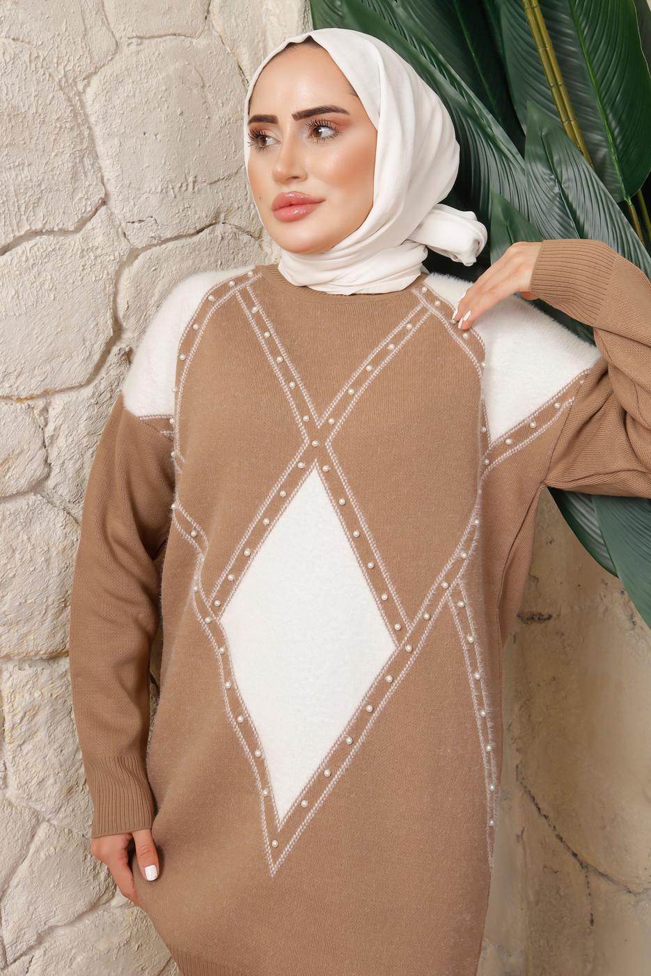 Tesettür giyim KAHVE BAKLAVA DESENLİ PANTOLONLU TRİKO TAKIM T 8008