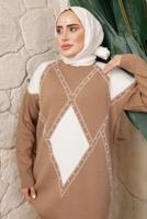 Tesettür giyim KAHVE BAKLAVA DESENLİ PANTOLONLU TRİKO TAKIM T 8008