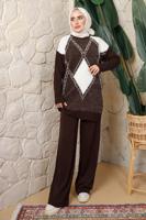 Tesettür giyim KAHVE BAKLAVA DESENLİ PANTOLONLU TRİKO TAKIM T 8008