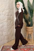 Tesettür giyim KAHVE BAKLAVA DESENLİ PANTOLONLU TRİKO TAKIM T 8008