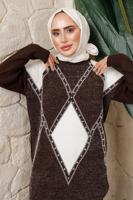 Tesettür giyim KAHVE BAKLAVA DESENLİ PANTOLONLU TRİKO TAKIM T 8008