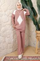 Tesettür giyim PUDRA BAKLAVA DESENLİ PANTOLONLU TRİKO TAKIM T 8008
