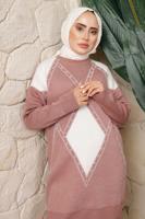 Tesettür giyim PUDRA BAKLAVA DESENLİ PANTOLONLU TRİKO TAKIM T 8008