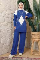 Tesettür giyim LACİVERT BAKLAVA DESENLİ PANTOLONLU TRİKO TAKIM T 8008