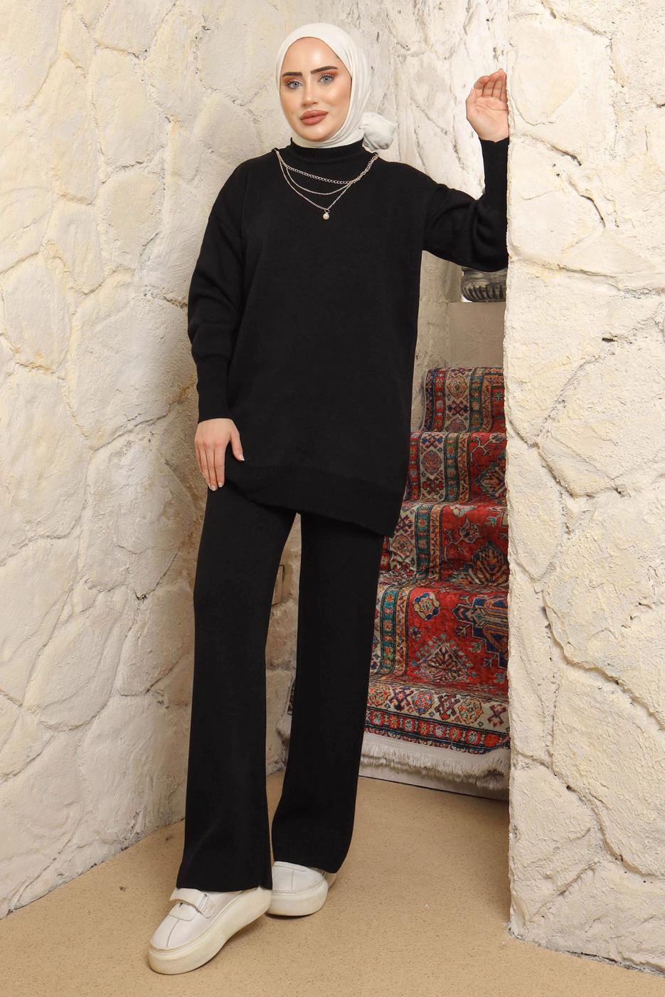 Tesettür giyim SİYAH ZİNCİR DETAYLI PANTOLONLU TAKIM T 8058
