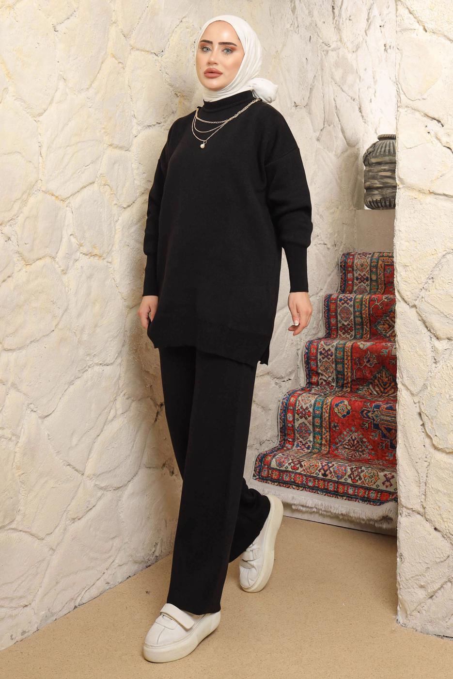 Tesettür giyim SİYAH ZİNCİR DETAYLI PANTOLONLU TAKIM T 8058