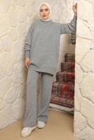 Tesettür giyim GRİ ZİNCİR DETAYLI PANTOLONLU TAKIM T 8058