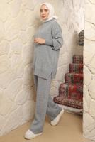 Tesettür giyim GRİ ZİNCİR DETAYLI PANTOLONLU TAKIM T 8058