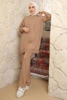 Tesettür giyim KAHVE ZİNCİR DETAYLI PANTOLONLU TAKIM T 8058