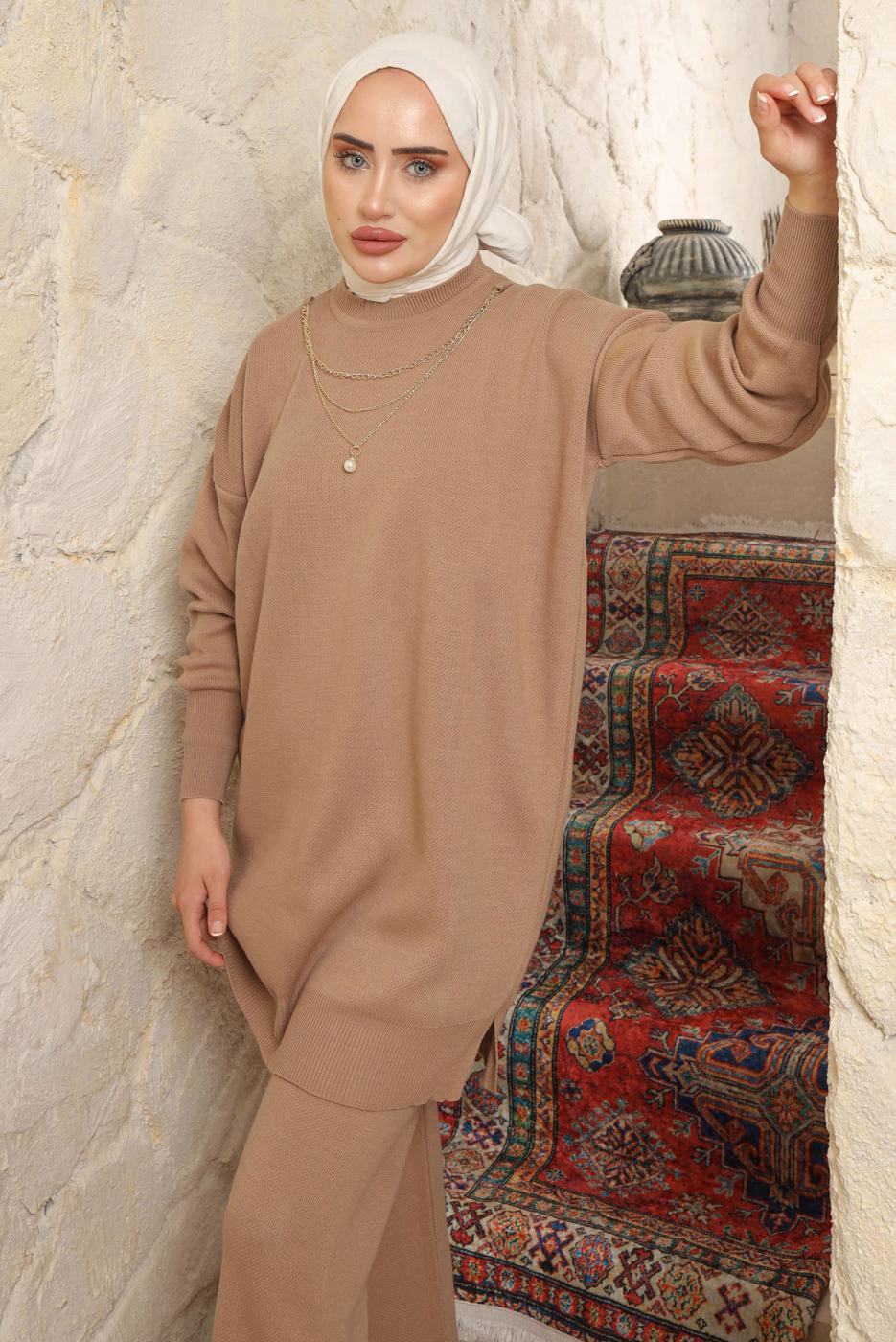 Tesettür giyim KAHVE ZİNCİR DETAYLI PANTOLONLU TAKIM T 8058