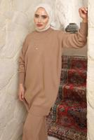 Tesettür giyim KAHVE ZİNCİR DETAYLI PANTOLONLU TAKIM T 8058