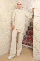 Tesettür giyim EKRU ZİNCİR DETAYLI PANTOLONLU TAKIM T 8058