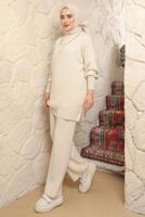 Tesettür giyim EKRU ZİNCİR DETAYLI PANTOLONLU TAKIM T 8058