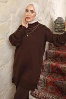 Tesettür giyim KAHVE ZİNCİR DETAYLI PANTOLONLU TAKIM T 8058