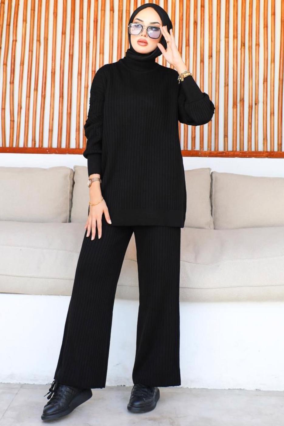 Tesettür giyim SİYAH PANTOLONLU TRİKO TAKIM T 8116
