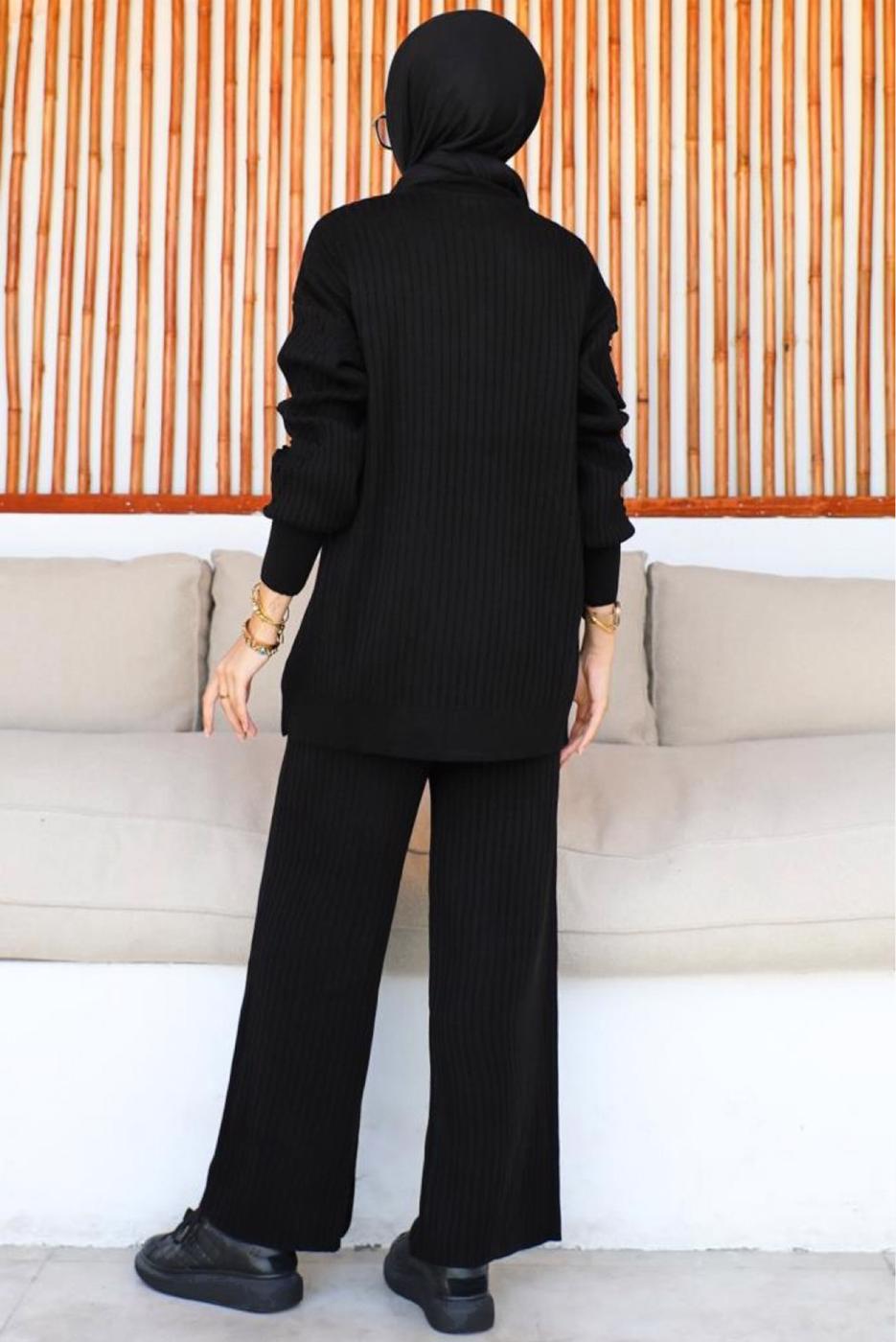 Tesettür giyim SİYAH PANTOLONLU TRİKO TAKIM T 8116