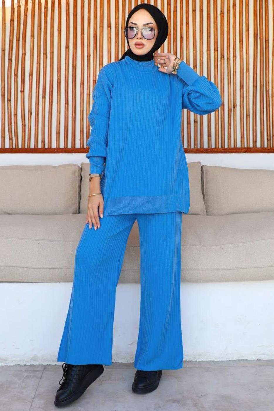 Tesettür giyim MAVİ PANTOLONLU TRİKO TAKIM T 8116