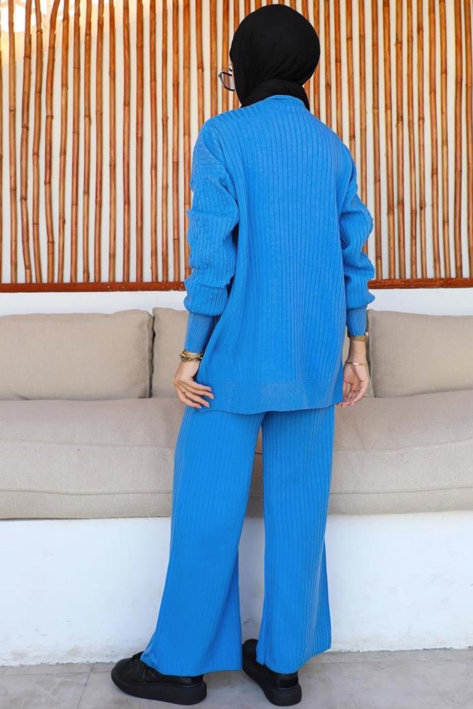 Tesettür giyim MAVİ PANTOLONLU TRİKO TAKIM T 8116