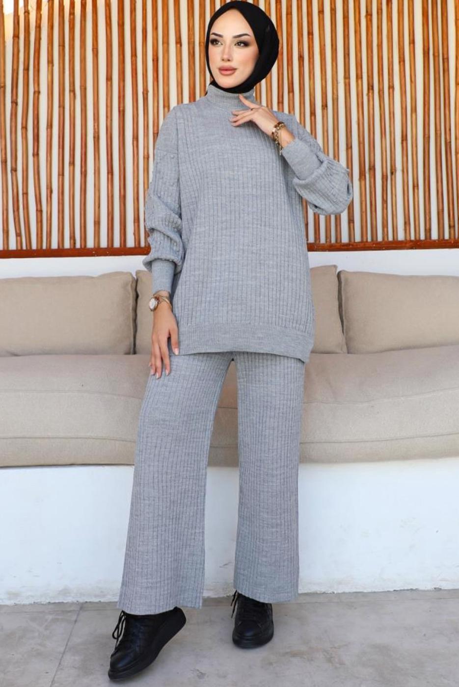 Tesettür giyim GRİ PANTOLONLU TRİKO TAKIM T 8116