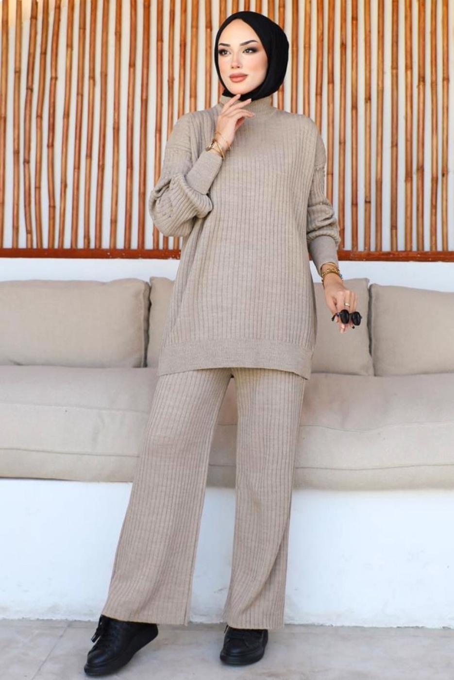 Tesettür giyim VİZON PANTOLONLU TRİKO TAKIM T 8116