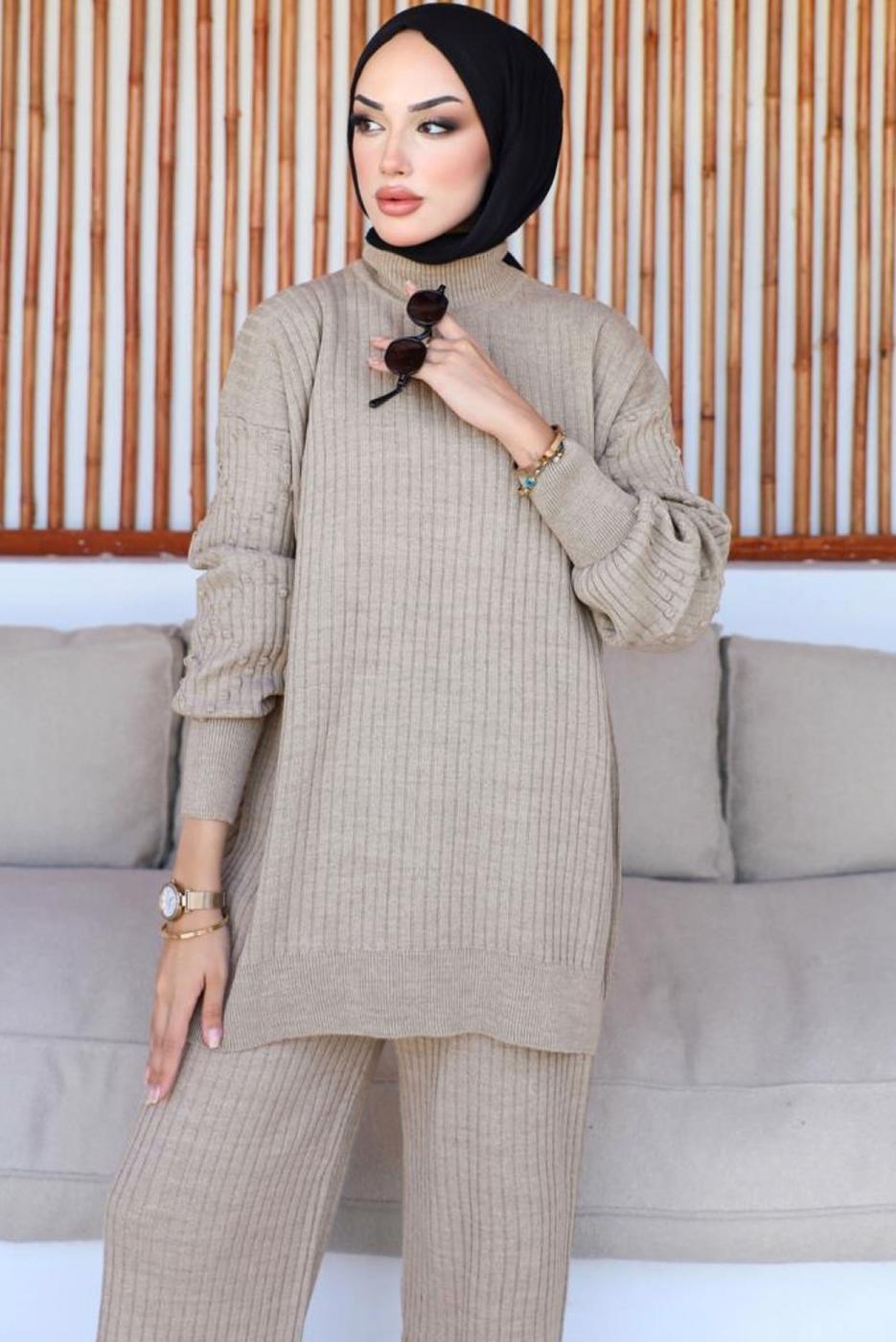 Tesettür giyim VİZON PANTOLONLU TRİKO TAKIM T 8116