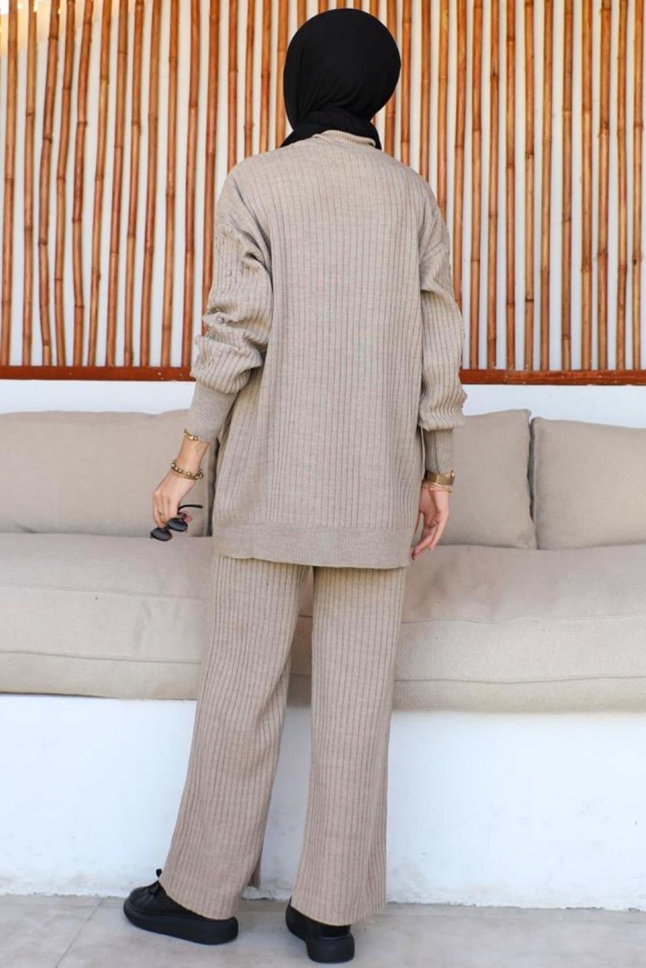 Tesettür giyim VİZON PANTOLONLU TRİKO TAKIM T 8116