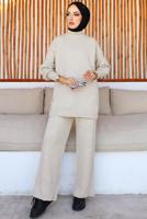 Tesettür giyim BEJ PANTOLONLU TRİKO TAKIM T 8116