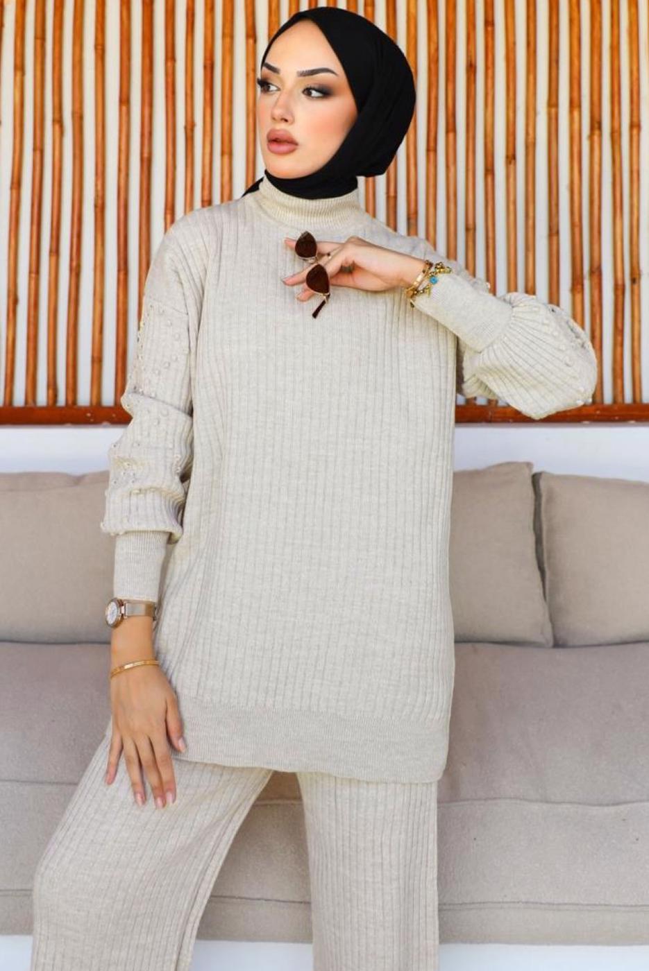 Tesettür giyim BEJ PANTOLONLU TRİKO TAKIM T 8116