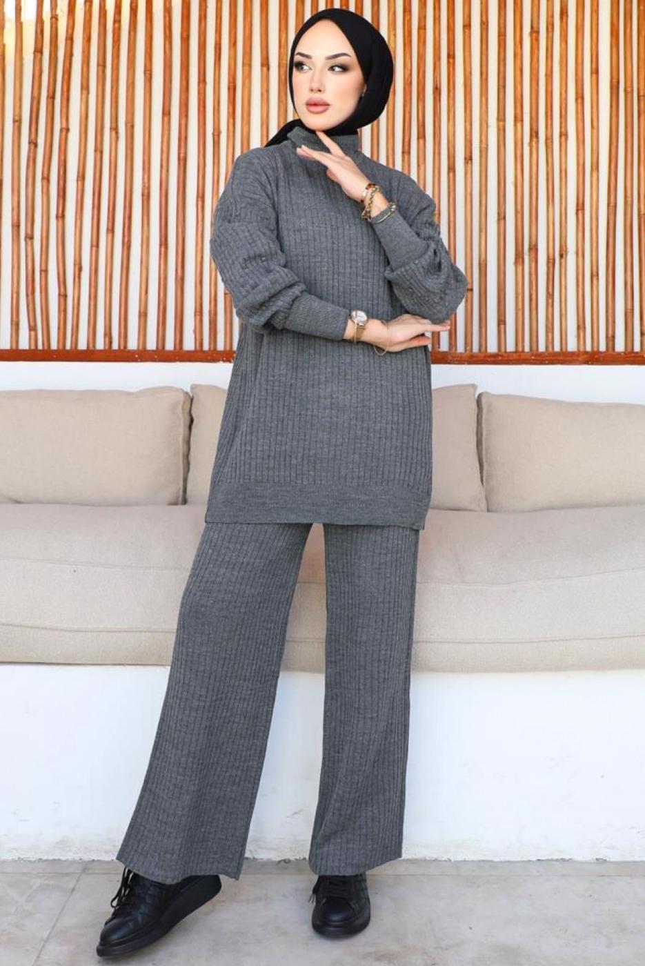 Tesettür giyim GRİ PANTOLONLU TRİKO TAKIM T 8116