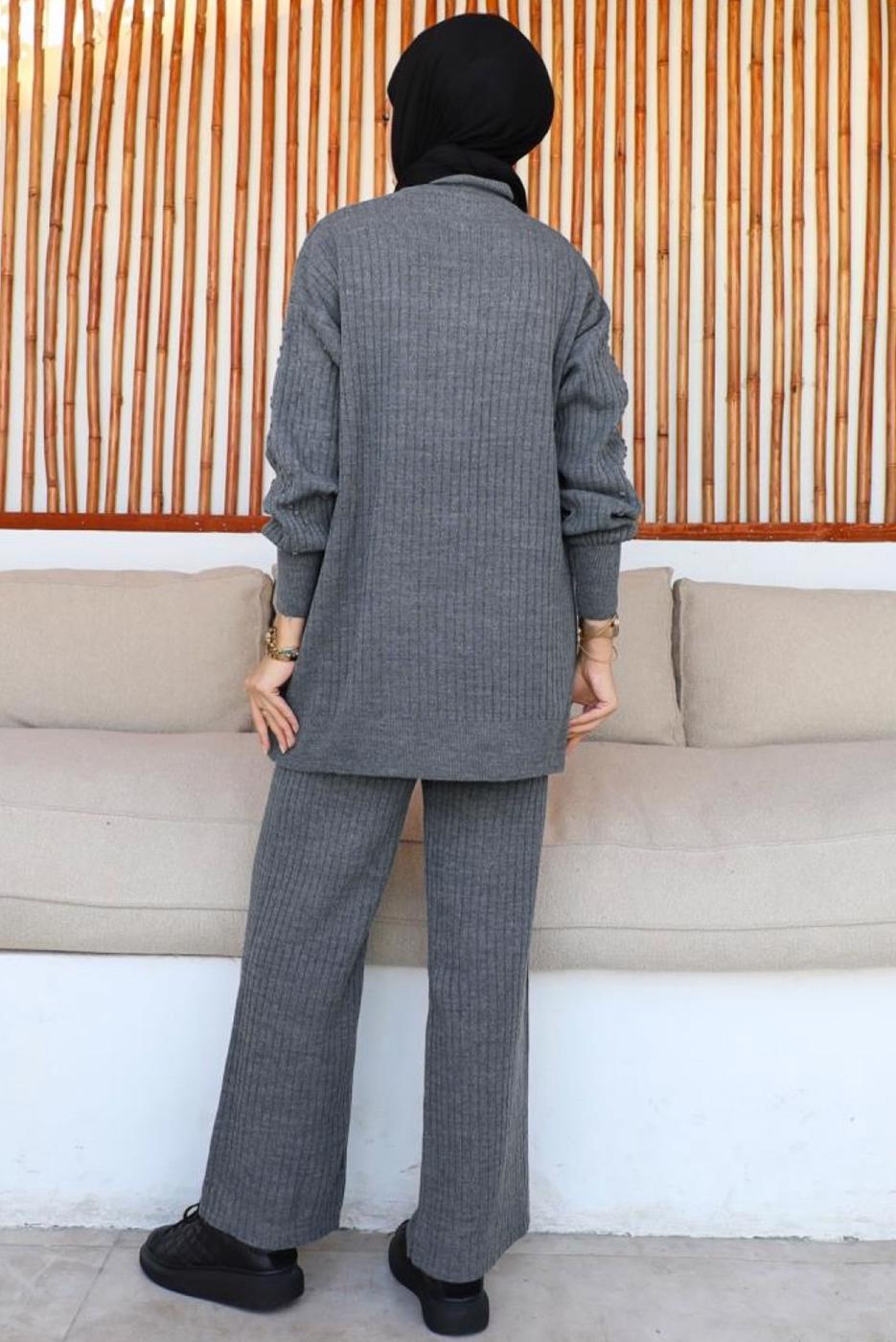 Tesettür giyim GRİ PANTOLONLU TRİKO TAKIM T 8116
