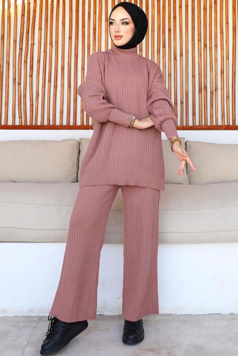 Tesettür giyim PEMBE PANTOLONLU TRİKO TAKIM T 8116