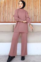 Tesettür giyim PEMBE PANTOLONLU TRİKO TAKIM T 8116