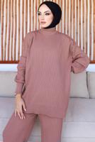 Tesettür giyim PEMBE PANTOLONLU TRİKO TAKIM T 8116