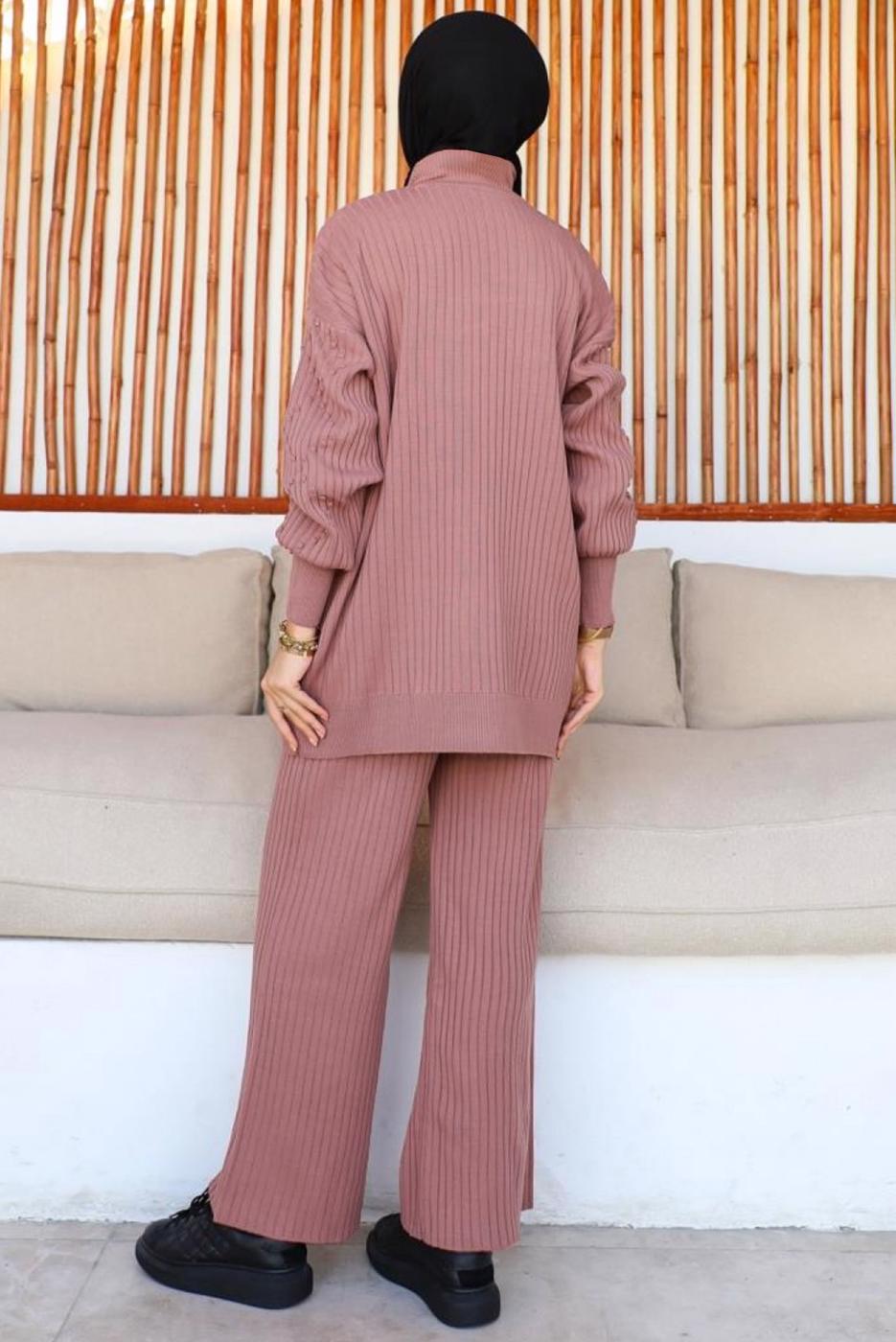 Tesettür giyim PEMBE PANTOLONLU TRİKO TAKIM T 8116