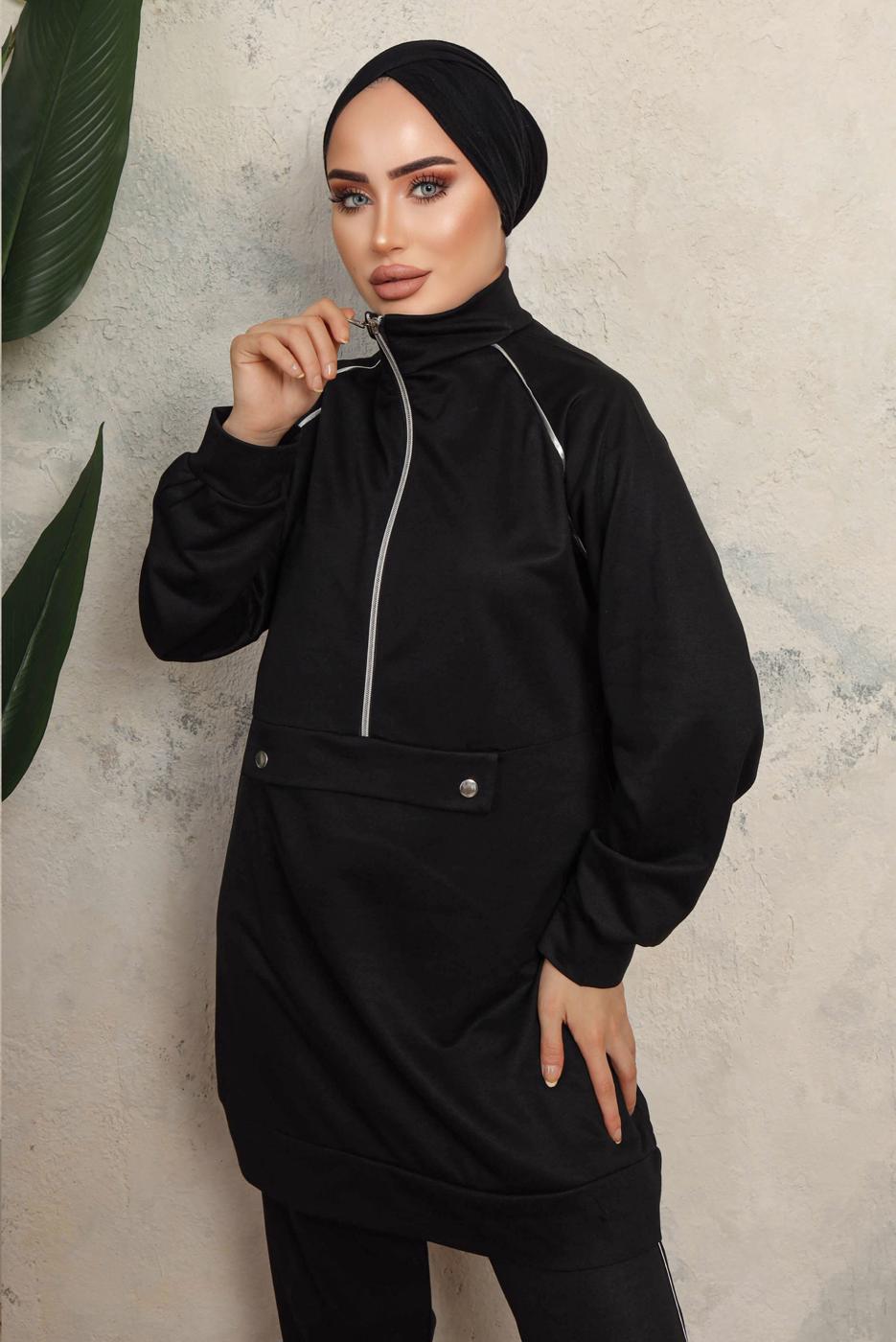 Tesettür giyim SİYAH FERMUARLI İKİLİ PANTOLONLU TAKIM T 8143